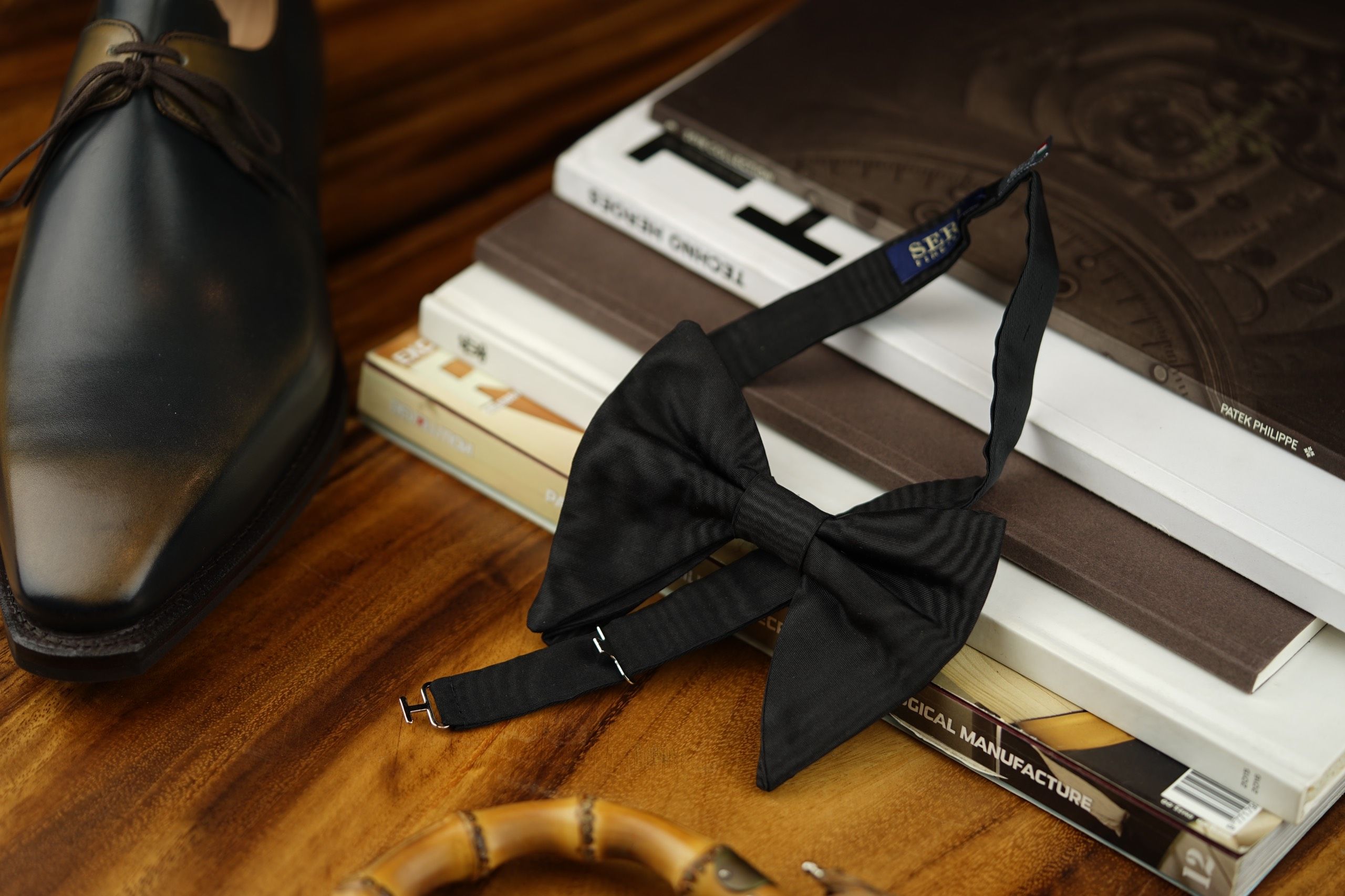Black Pre-Tied Silk Moire Bow Tie