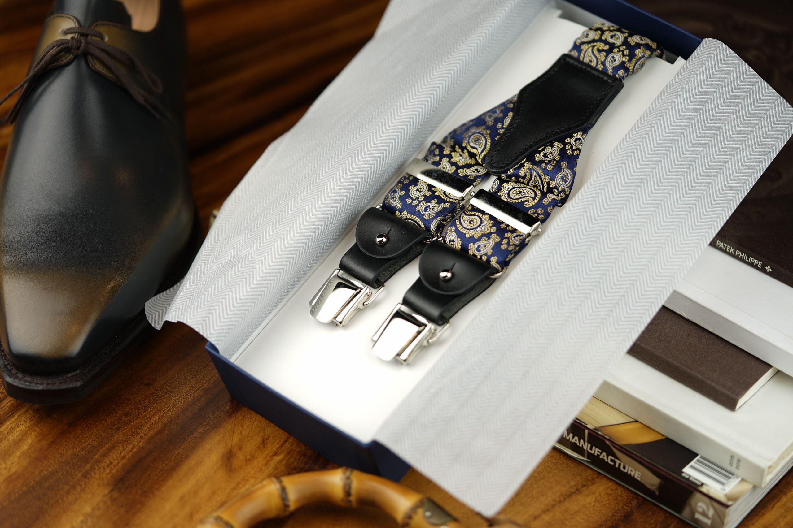 Blue and Gold Paisley Jacquard Silk Suspenders