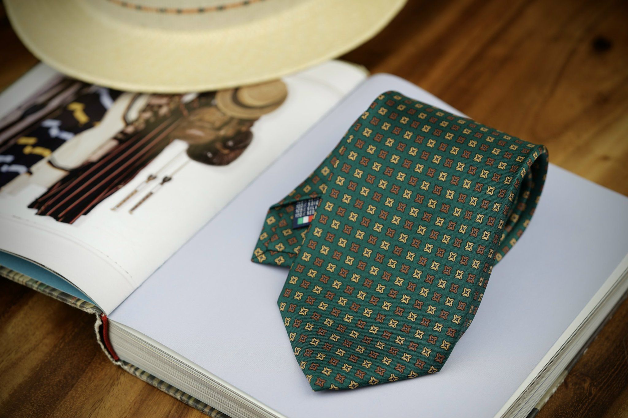 Green with Brown Square Dots Pattern Silk Tie