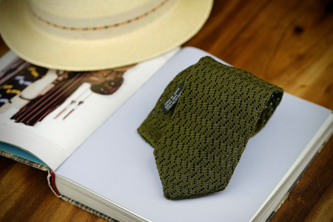 Military Green Zig Zag V Point Knitted Tie