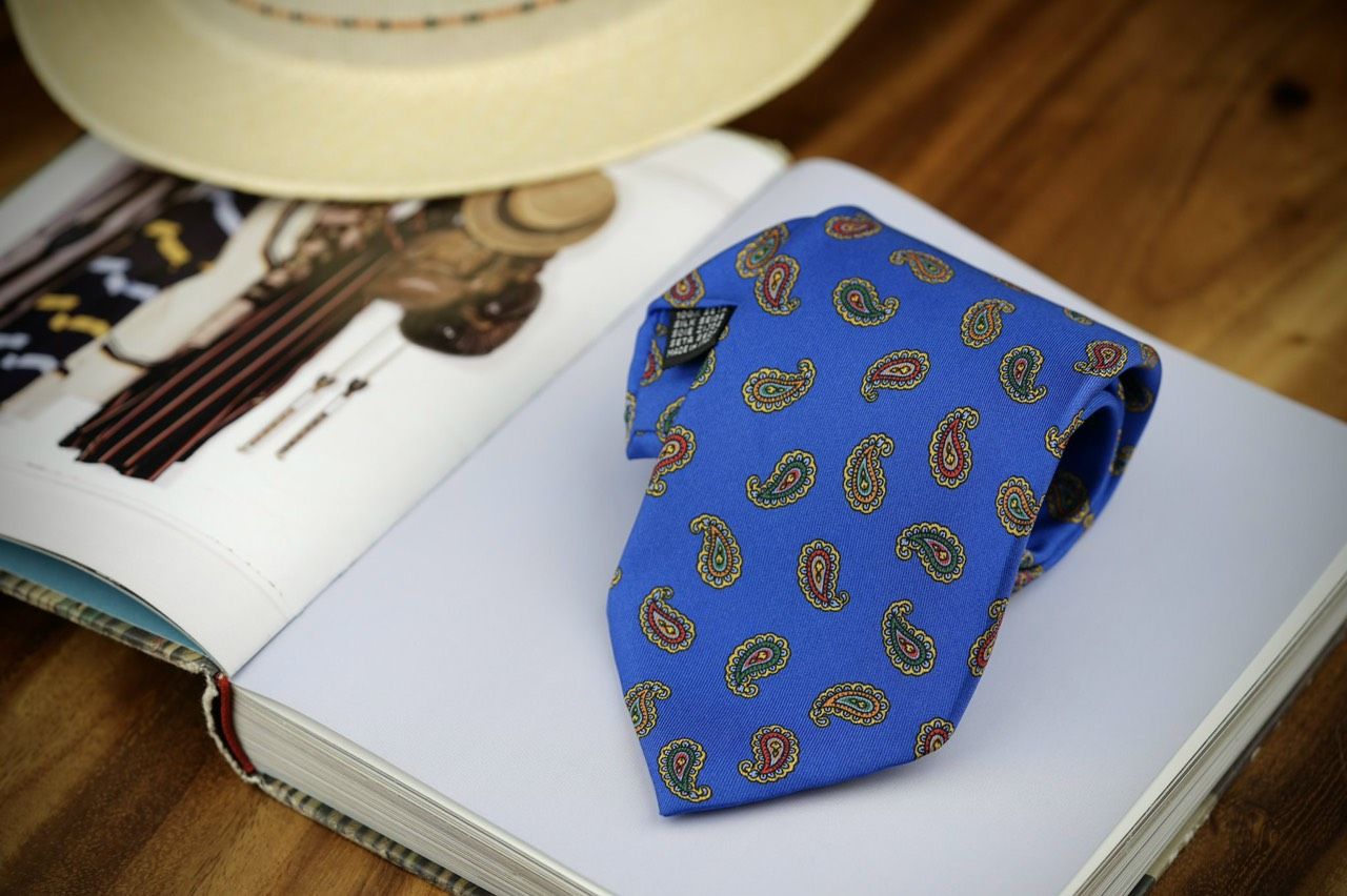 Navy Blue - Red and Green Paisley Pattern Silk Tie