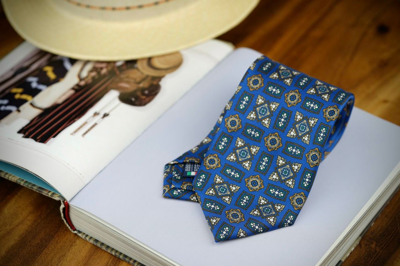 Navy Blue with Yellow Flowers Pattern Silk Tie